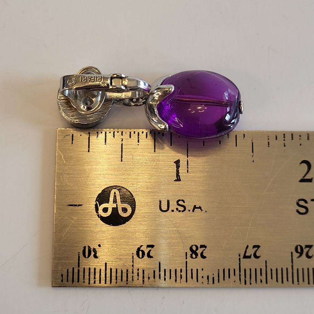 VTG Crown Trifari Silvertone Purple Lucite Dangle Clip On Earrings Waterfall 60s - Picture 15 of 15